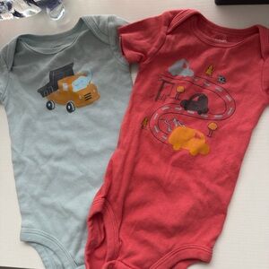 Two Onesies with Car Prints - Blue & Coral